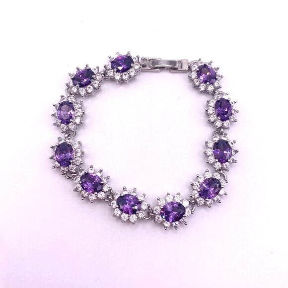 High Quality Rhodium and Silver Plated Bracelet and Studs Earrings-Lab Amethyst - Picture 3 of 6